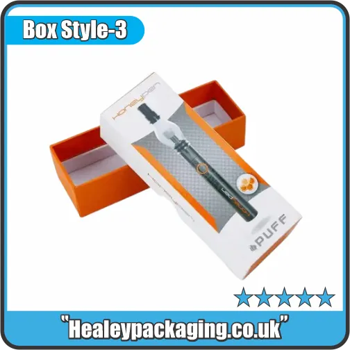 White and orange sleeve and tray vape pen packaging box with inner tray exposed