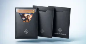 Black trading card sleeves by Healey Packaging holding collectible cards on grey background.