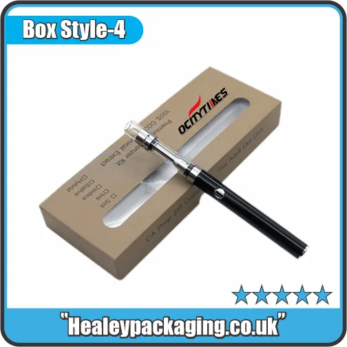 Kraft window carton vape pen packaging box with clear display cut-out and vape pen placed on top.