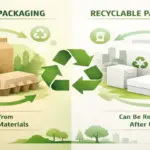 Infographic comparing recycled packaging and recyclable packaging with paper boxes, recycling symbols, and eco-themed graphics