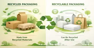 Infographic comparing recycled packaging and recyclable packaging with paper boxes, recycling symbols, and eco-themed graphics