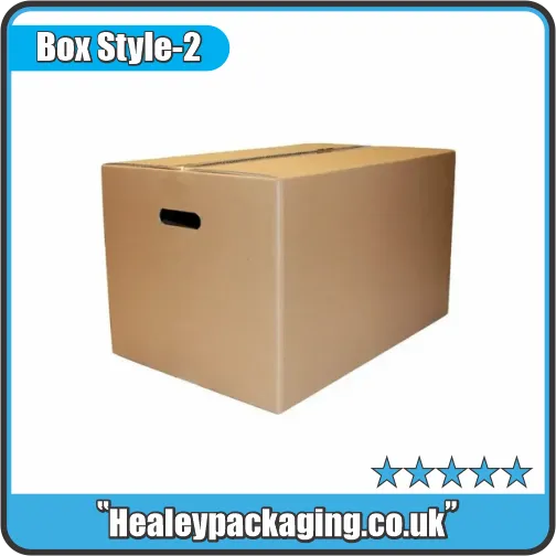 Large cardboard storage tote box with die-cut handles and closed lid