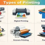 Types of printing used in packaging, including offset, digital, and flexographic printing