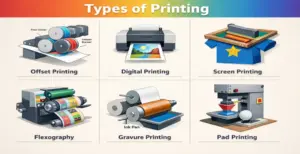 Types of printing used in packaging, including offset, digital, and flexographic printing