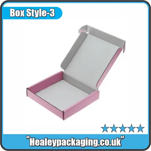 Coloured letterbox packaging box in folding mailer style with hinged lid