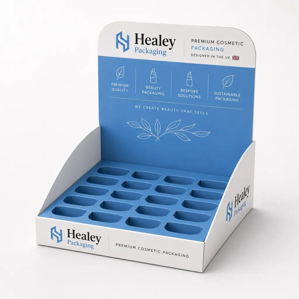 Retail cosmetic display stand with product slots