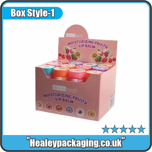 Lip balm cosmetic display box designed for retail shelf presentation