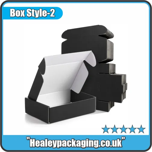 Black single wall mailer boxes with foldable corrugated packaging design
