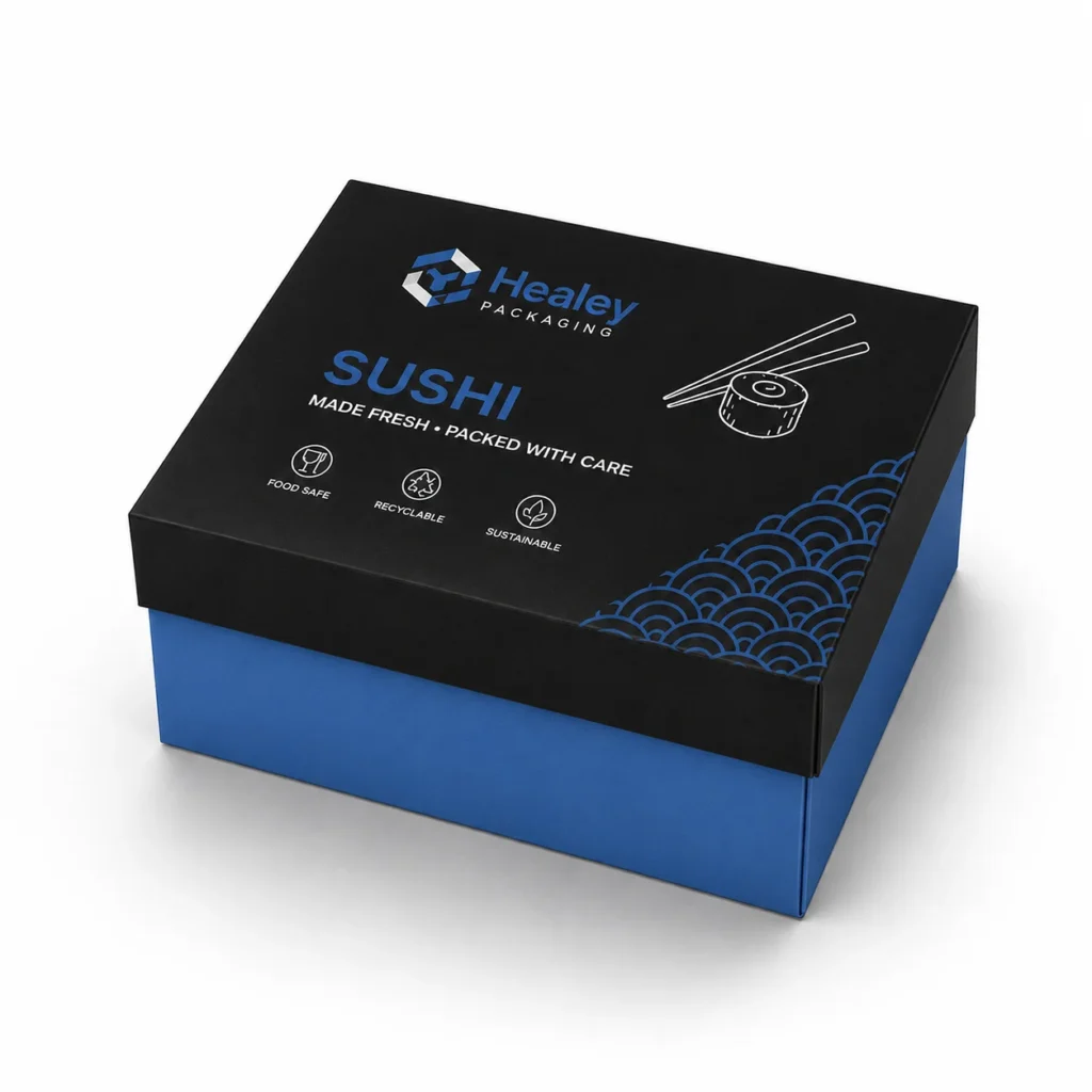 Black and blue two-piece sushi box with printed lid