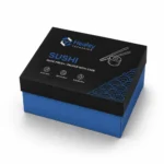 Black and blue two-piece sushi box with printed lid