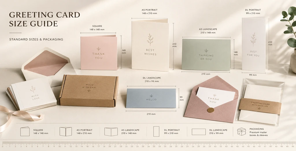Greeting card size guide with standard dimensions and packaging styles