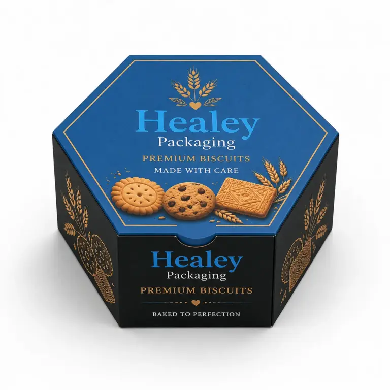 Hexagon biscuit box with premium printed artwork