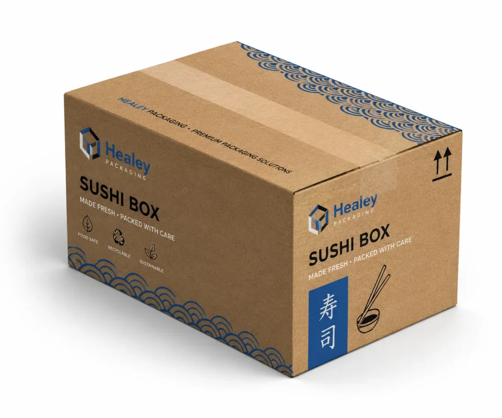 Printed kraft sushi packaging box with blue branded detailing