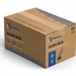 Printed kraft sushi packaging box with blue branded detailing
