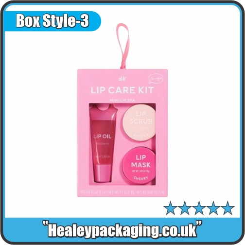 Custom lip care kit box with display window for lip oil, lip scrub and lip mask products