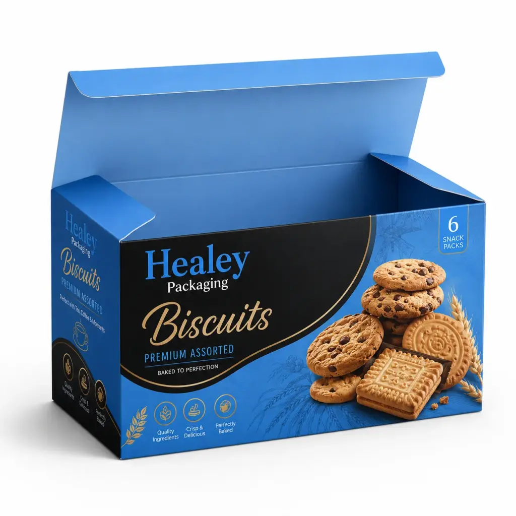 Open biscuit packaging box with premium printed design