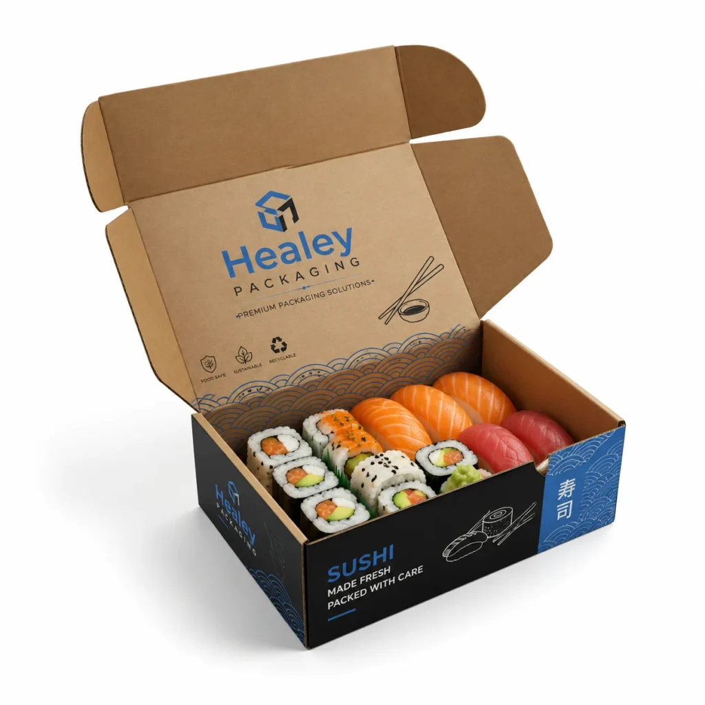 Open printed sushi mailer box with assorted sushi and kraft interior