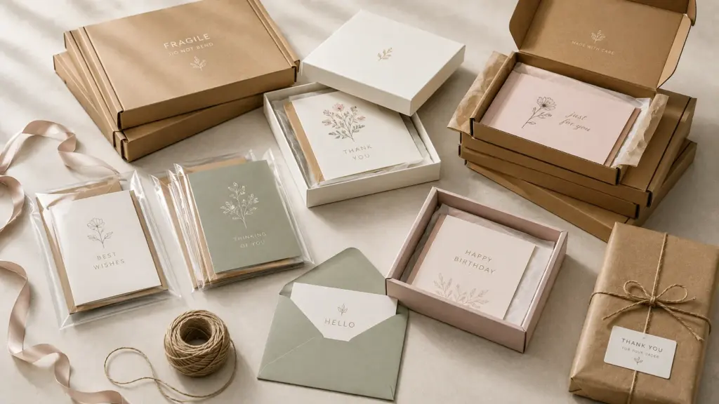 Greeting card packaging boxes, sleeves, and mailer sets