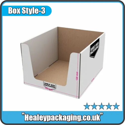 Corrugated shelf ready packaging tray with open front for easy product access