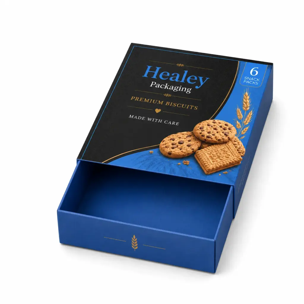 Sliding drawer box for premium biscuit packaging