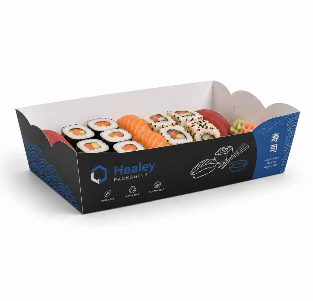 Printed cardboard sushi display tray filled with assorted sushi