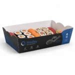 Printed cardboard sushi display tray filled with assorted sushi