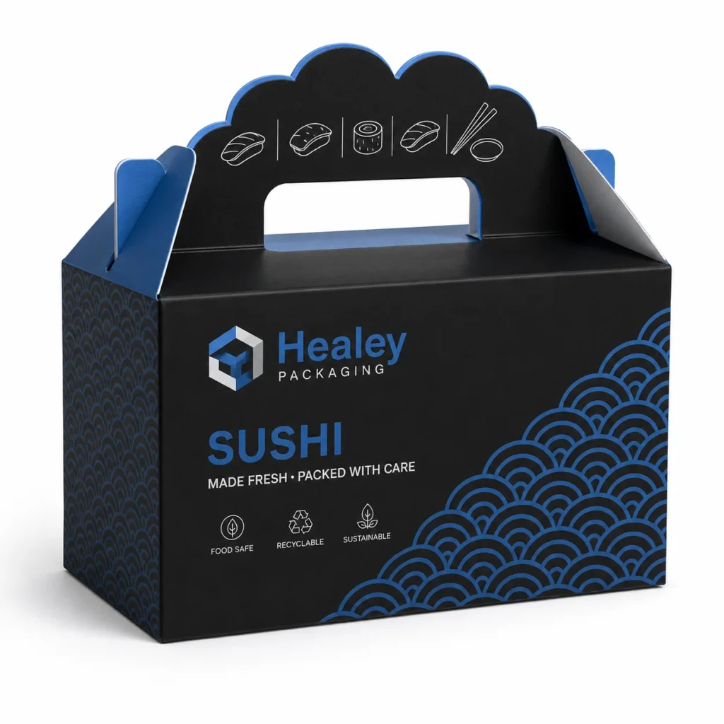Printed cardboard sushi box with integrated carry handle