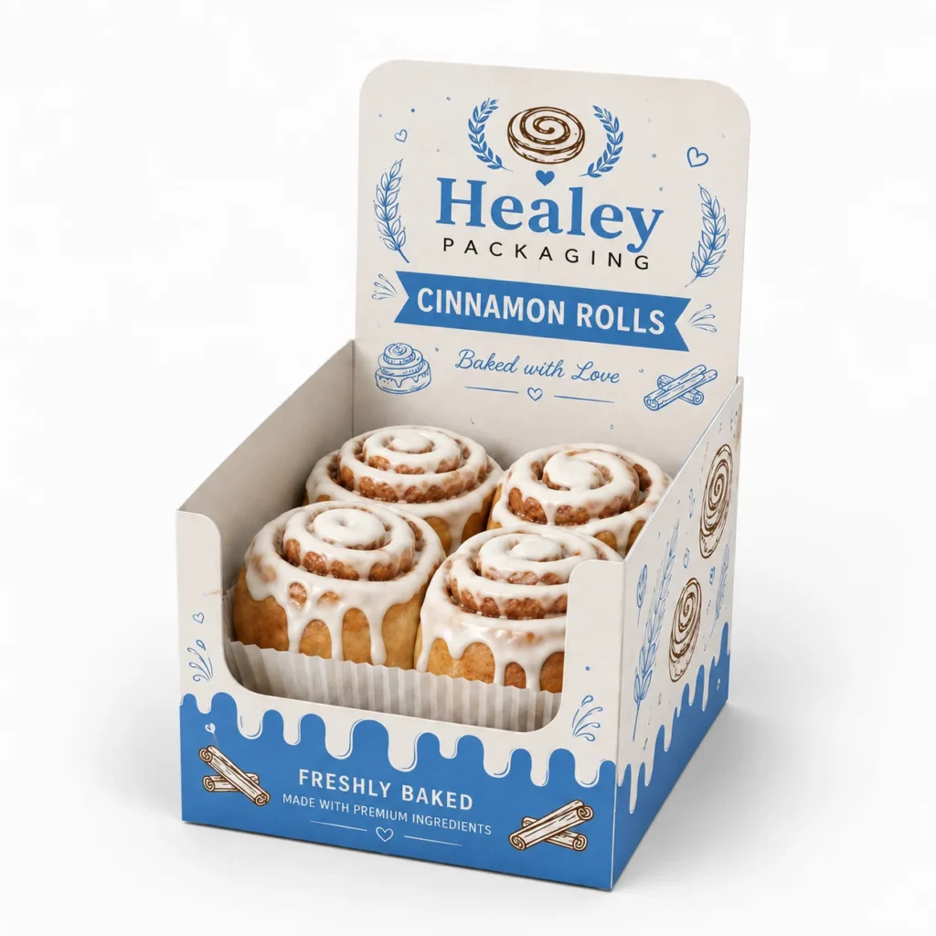 Branded cinnamon roll display box holding four iced rolls