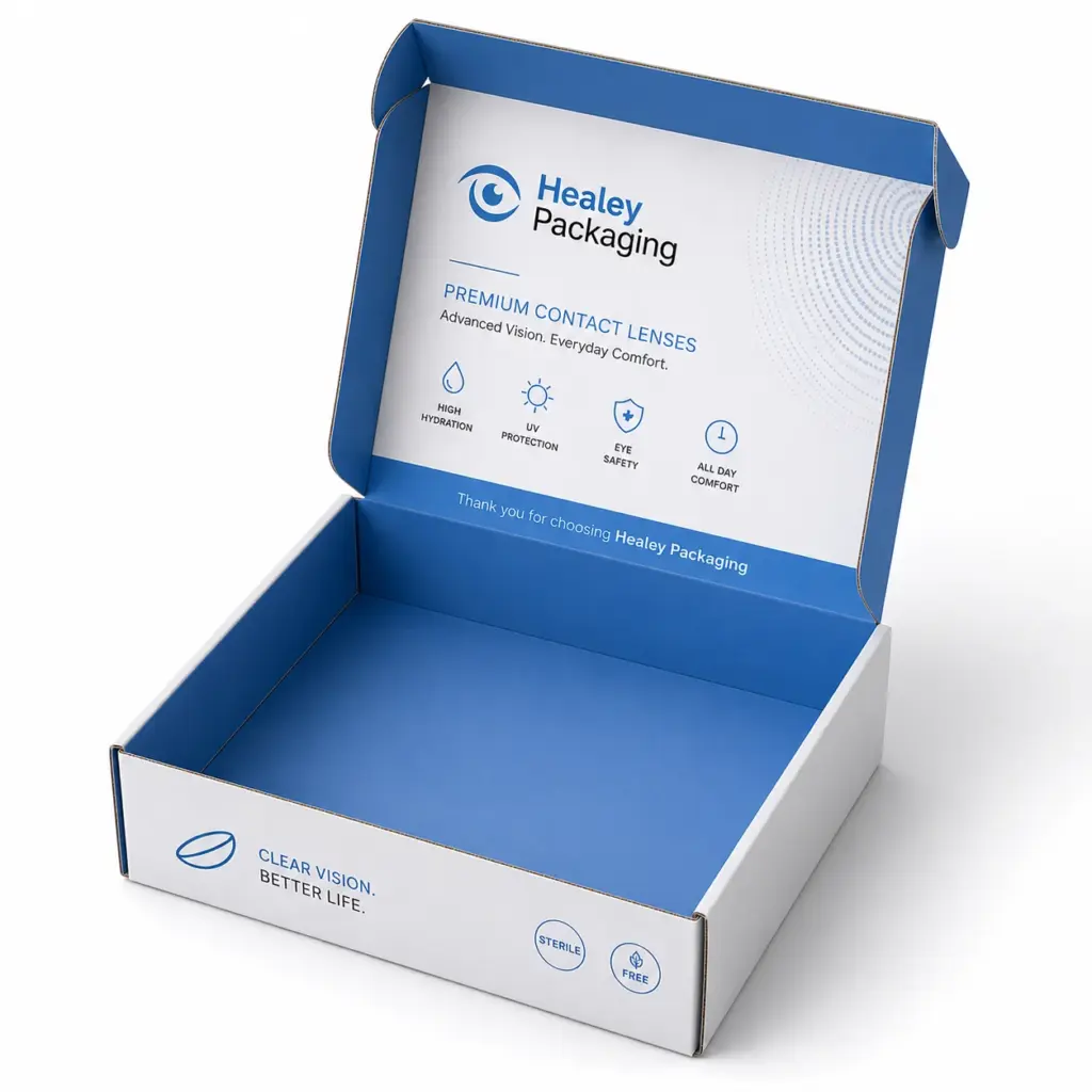 Printed mailer box for premium contact lens packaging