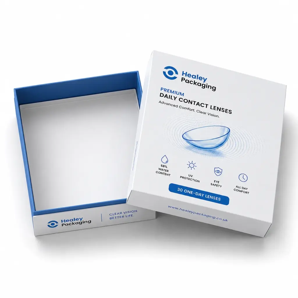 Premium rigid box for contact lens packaging and presentation