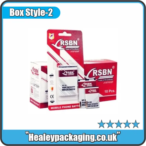 Mobile phone battery retail packaging boxes for replacement battery display and storage