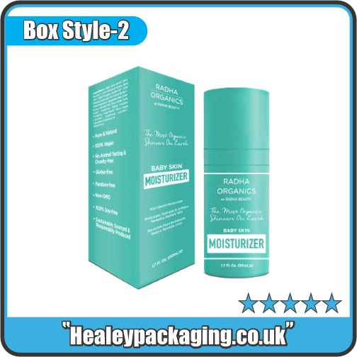 Printed baby skin moisturiser box with matching skincare bottle packaging