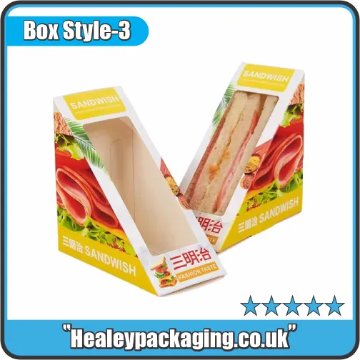Printed triangle sandwich box with window for grab-and-go retail sandwich packaging