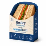 Printed sandwich sleeve box holding a fresh triangular sandwich