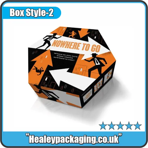 Custom hexagonal board game box with full-colour printed artwork for themed games