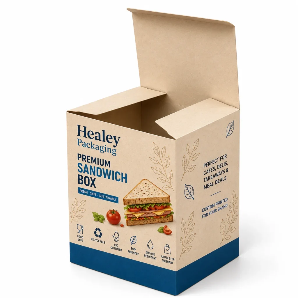 Open printed cardboard sandwich box with folding lid and side flaps