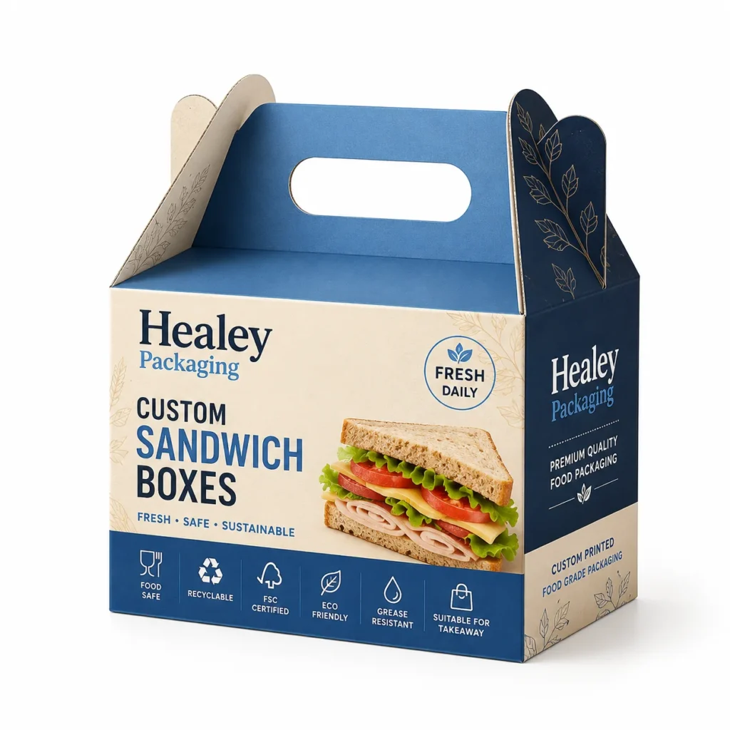 Custom printed sandwich gable box with built-in carry handle