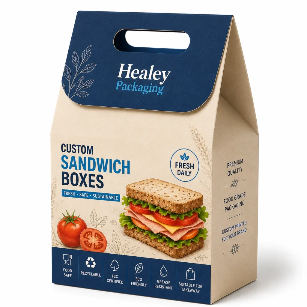 Printed sandwich takeaway box with integrated carry handle