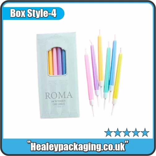 Candle box with window displaying colourful slim candles.
