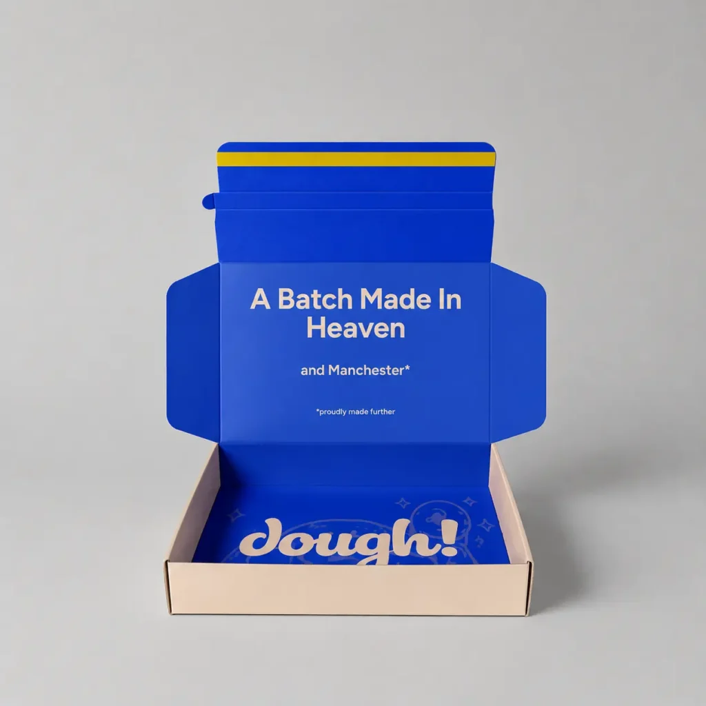 Front view of open cookie dough packaging box with printed interior