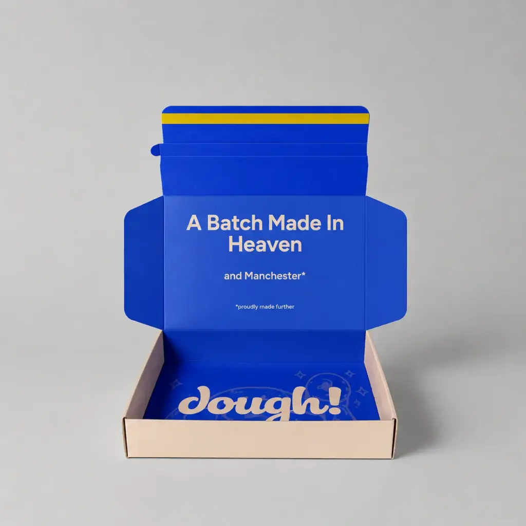 Front view of open cookie dough packaging box with printed interior