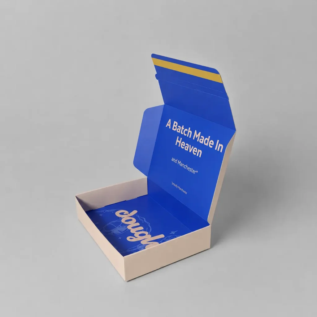 Open custom cookie dough mailer box with blue printed interior