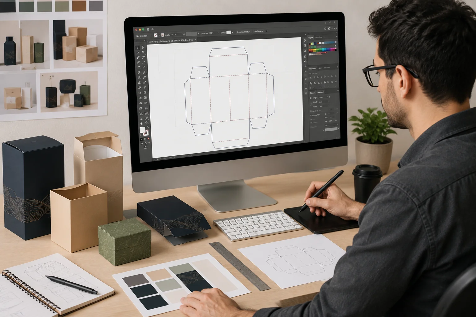 Designer preparing packaging artwork and dieline for print