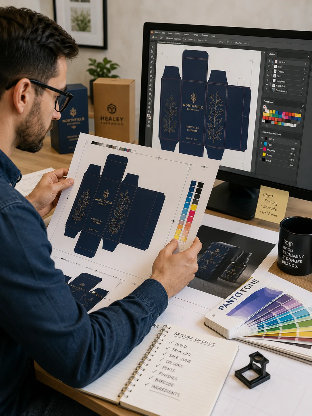 Designer reviewing packaging artwork with colour proofs