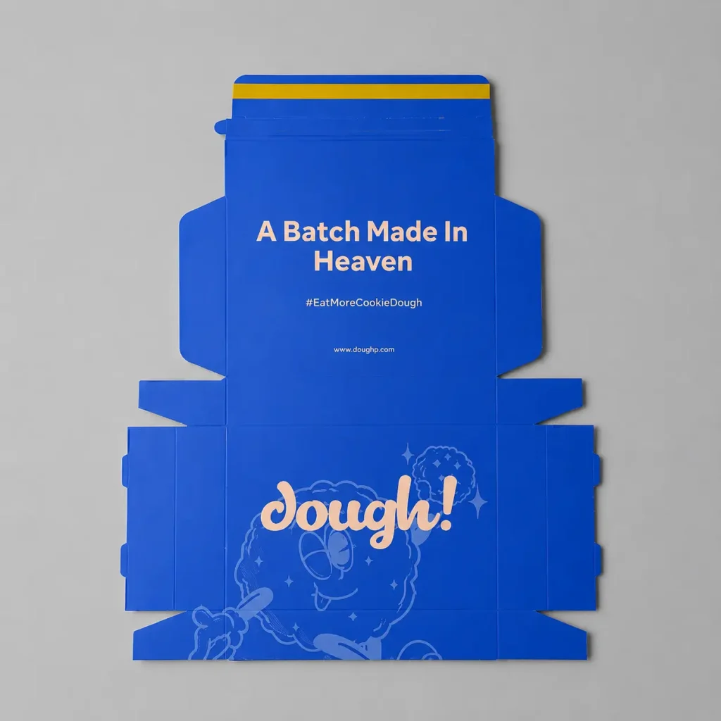 Flat custom cookie dough box dieline with blue printed design