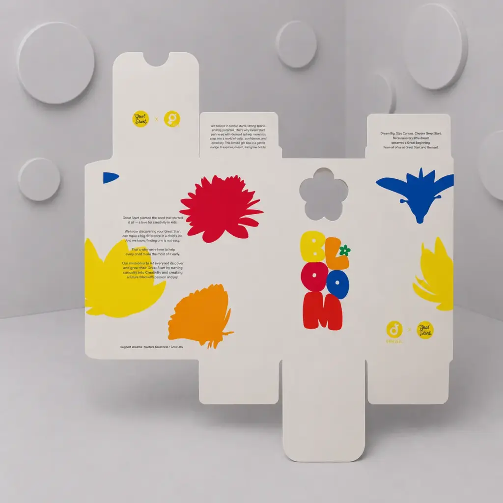 Unfolded custom printed box showing dieline and colourful artwork
