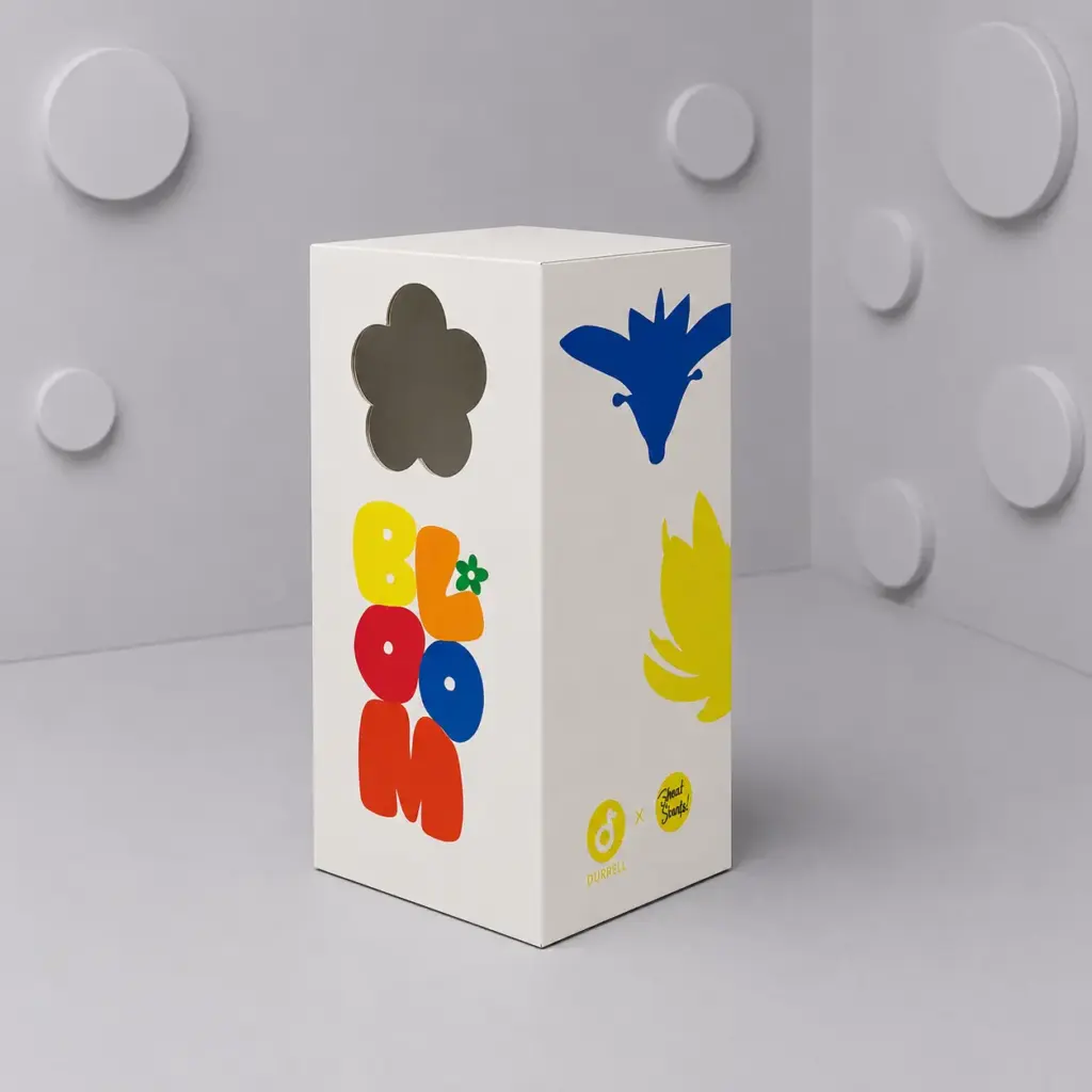 Closed printed packaging box with flower window and bold graphics