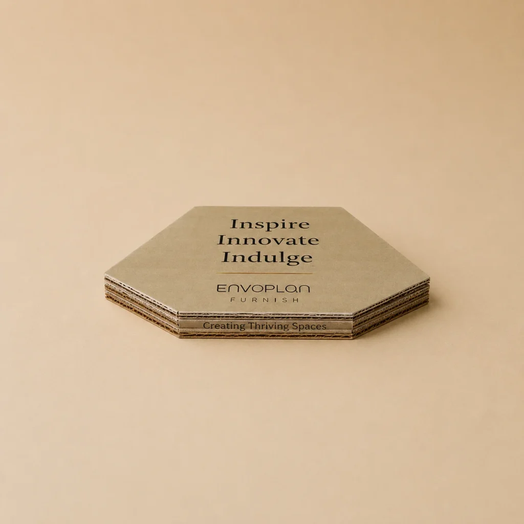 Closed hexagonal printed cardboard folder with custom branding.
