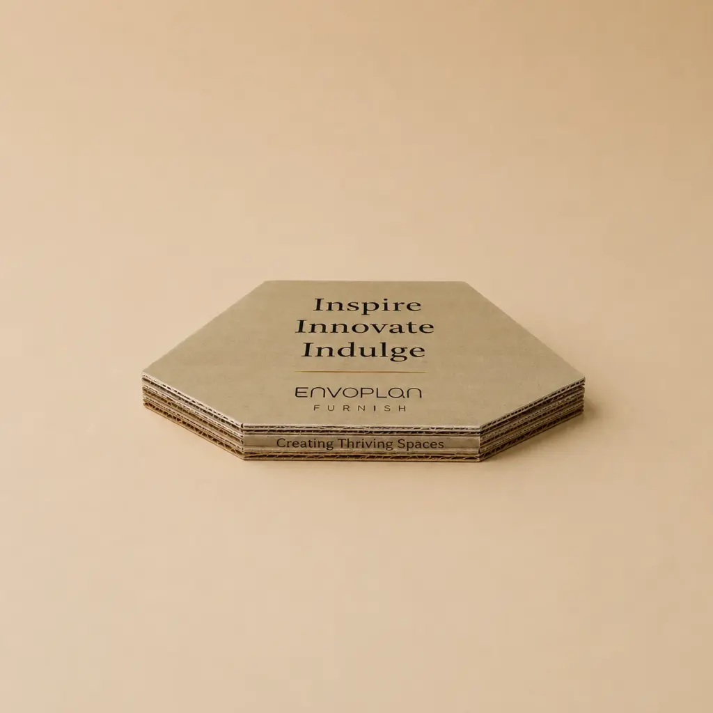 Closed hexagonal printed cardboard folder with custom branding.