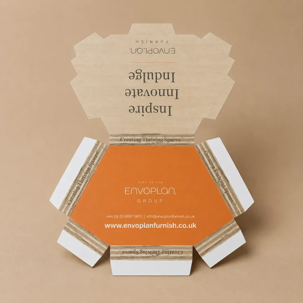 Open printed cardboard folder dieline with custom branding.